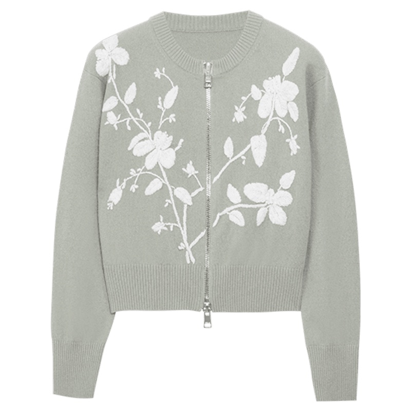 ERDOS 20春夏圆领装饰植物花卉提花女羊绒开衫螺纹下摆