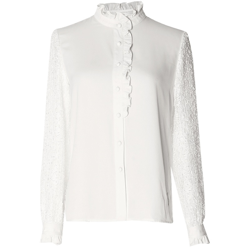 OUNIXUE欧昵雪 | 秋冬韩版百搭木耳边立领衬衣时尚百搭春秋蕾丝长白色衬衫女