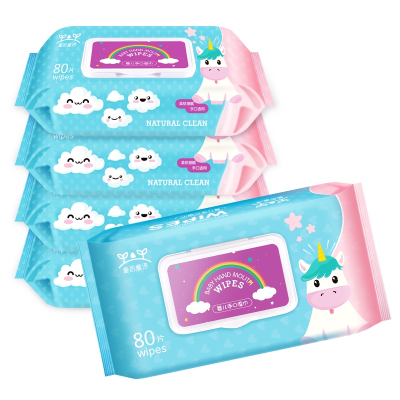 童思童语(Tyotyo)婴儿湿巾大包无味新生儿手口屁专用湿纸巾带盖80抽5包儿童柔湿巾