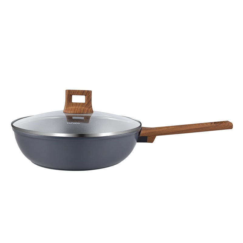 日本泰福高麦饭石不粘锅 炒菜锅 电磁炉通用锅健康无油烟炒锅燃气通用深煎平底锅加厚款 A3226-灰蓝色-内径28cm