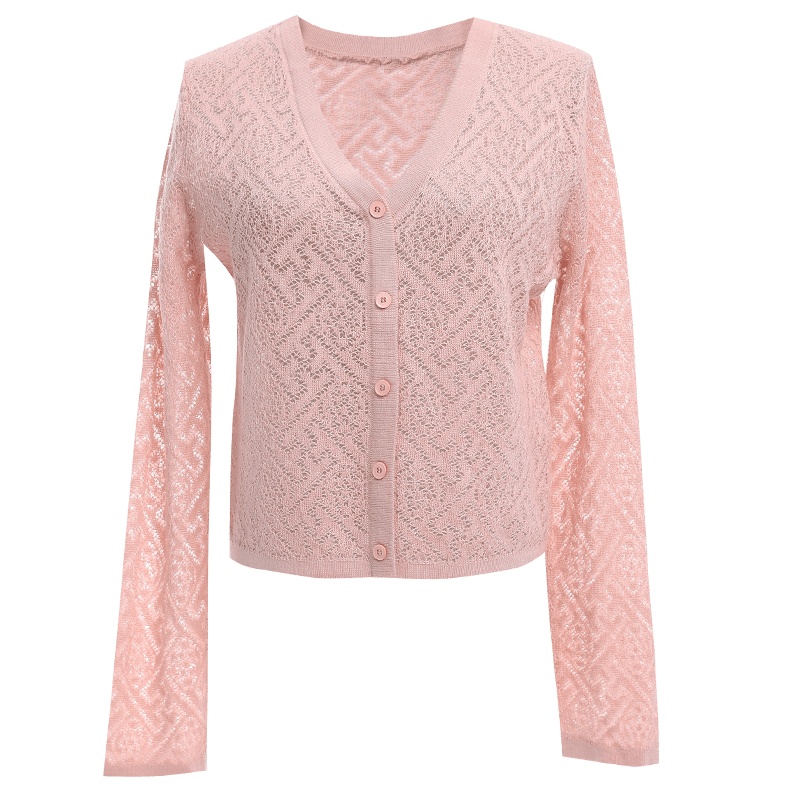 欧昵雪V领钩花镂空短款针织衫女显瘦长袖毛衣外套