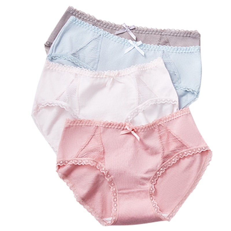 ENK 纯色中腰蕾丝少女三角裤日系透气全棉裆女士内裤女