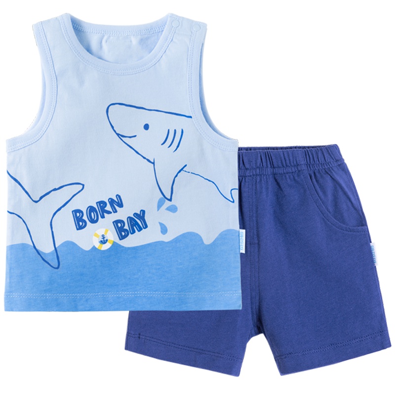 贝贝怡男宝宝纯棉背心套装夏装新款动物印花上衣短裤童装182T105