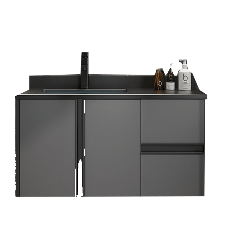 现代简约卫浴室柜组合套装它墅卫生间洗手池洗脸洗漱台岩板一体盆轻奢_0.8米肤感灰智能圆镜★单边黑