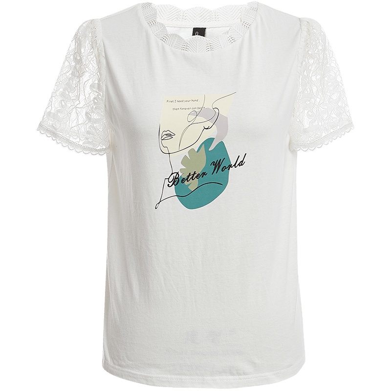 欧昵雪夏装减龄圆领拼接蕾丝短袖字母烫图T恤女显瘦上衣