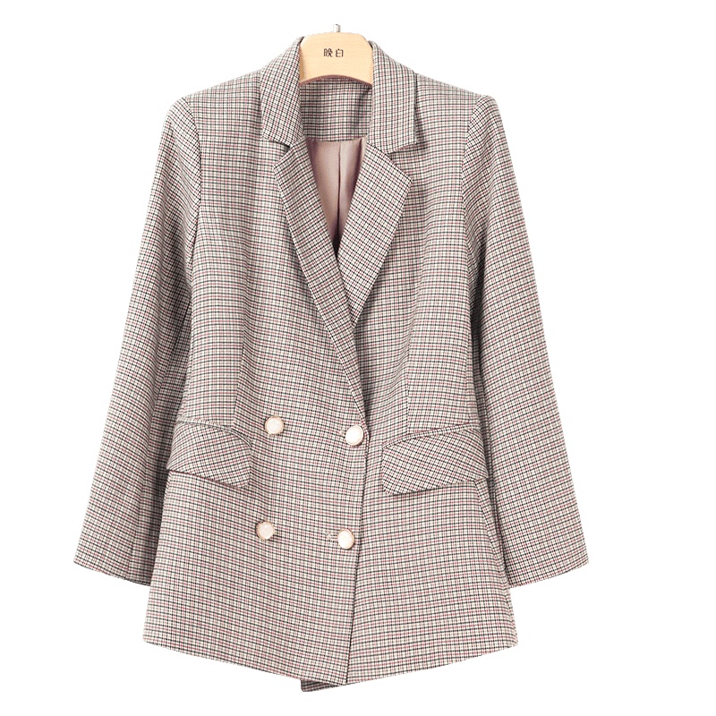 晚白2020春季新品时尚通勤复古格子西装领双排扣休闲西服西装外套女
