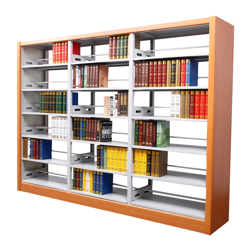 永格学校图书馆书架钢制资料展示架阅览室木护板双面书架 一列3组