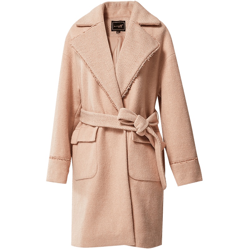 欧昵雪秋冬季人字纹宽松茧型系带毛呢外套女呢子大衣