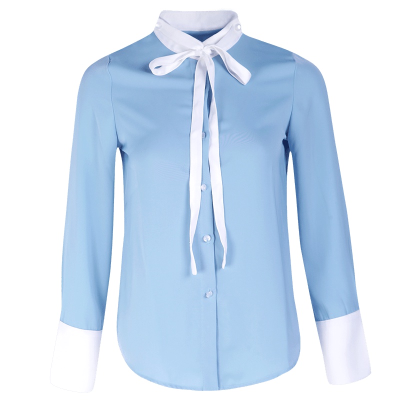 晚白 秋装女2018新款雪纺拼接上衣韩版百搭通勤长袖衬衫