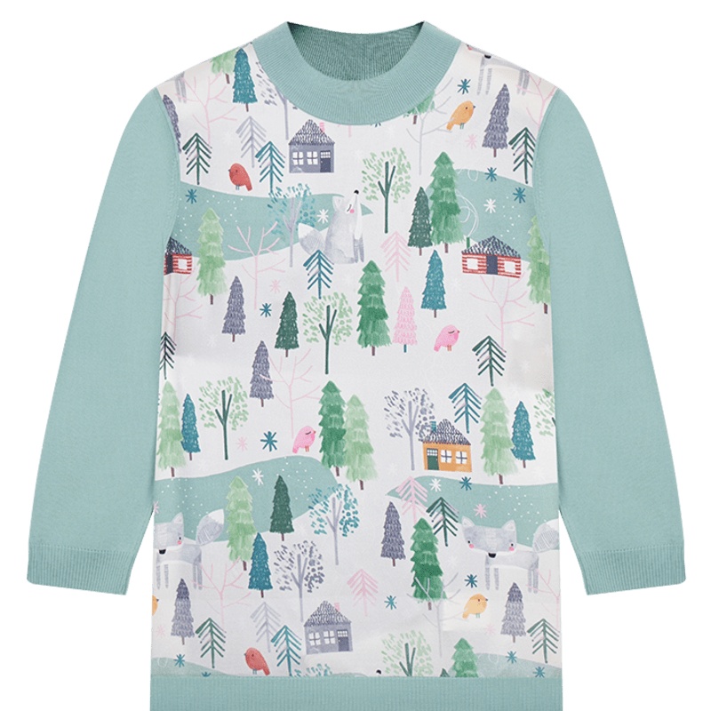 鄂尔多斯ERDOS 早秋圆领休闲毛衣针梭拼接植物印花女士羊毛衫针织衫女