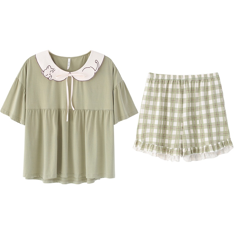 纯棉弹力针织素色五分袖女套装