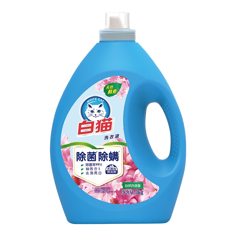白猫10效合一洗衣液无磷3kg瓶装低泡去渍易漂洁净亮白风馨清香型