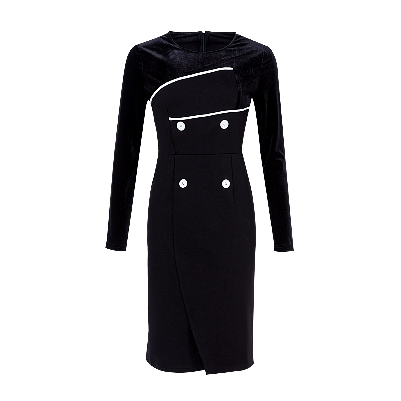 晚白女裙装2019春季新品知性通勤圆领双排扣拼接丝绒中长款长袖连衣裙