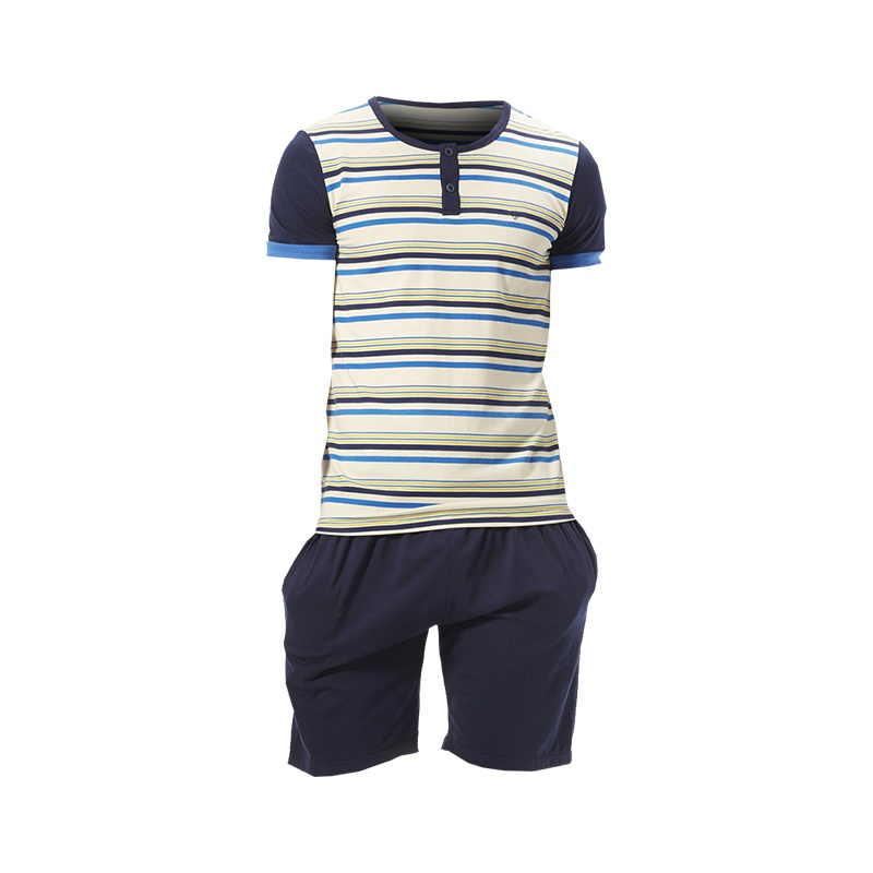 七匹狼 男士家居服套装时尚半开襟条纹短袖T恤舒适透气家居套装春夏男款