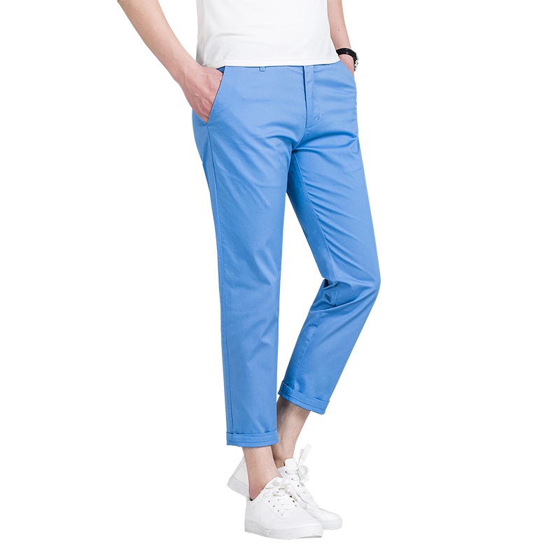 花花公子秋季新款男士九分裤纯棉修身商务休闲裤子纯色薄款裤子