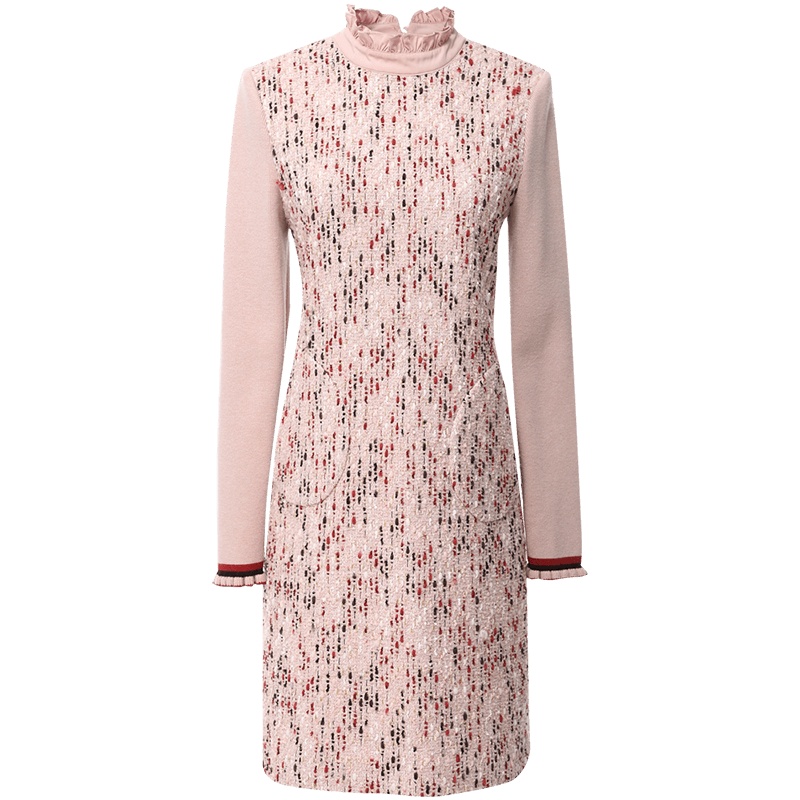 欧昵雪秋冬立领木耳边拼接针织袖粗花呢子连衣裙女