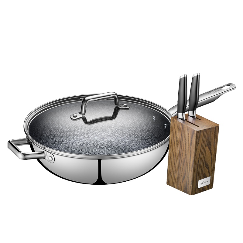 拉歌蒂尼铂利系列刀具家用不锈钢刀具套装艾维斯.臻钻32厘米长短柄中式炒锅少油烟易清洗燃气电磁炉通用四件套