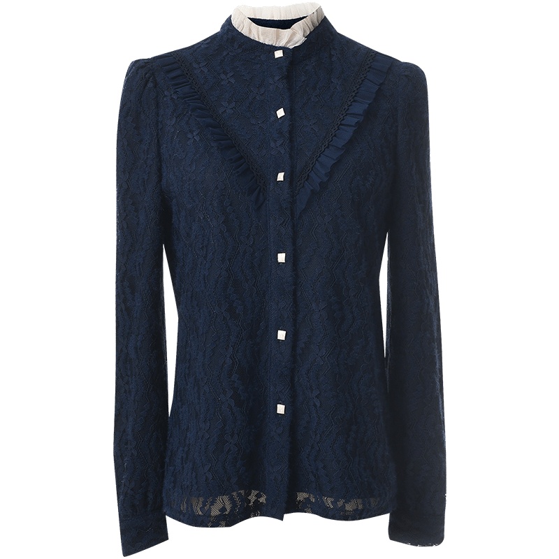 欧昵雪秋冬装网纱立领保暖显瘦镂空蕾丝衫女打底衫上衣