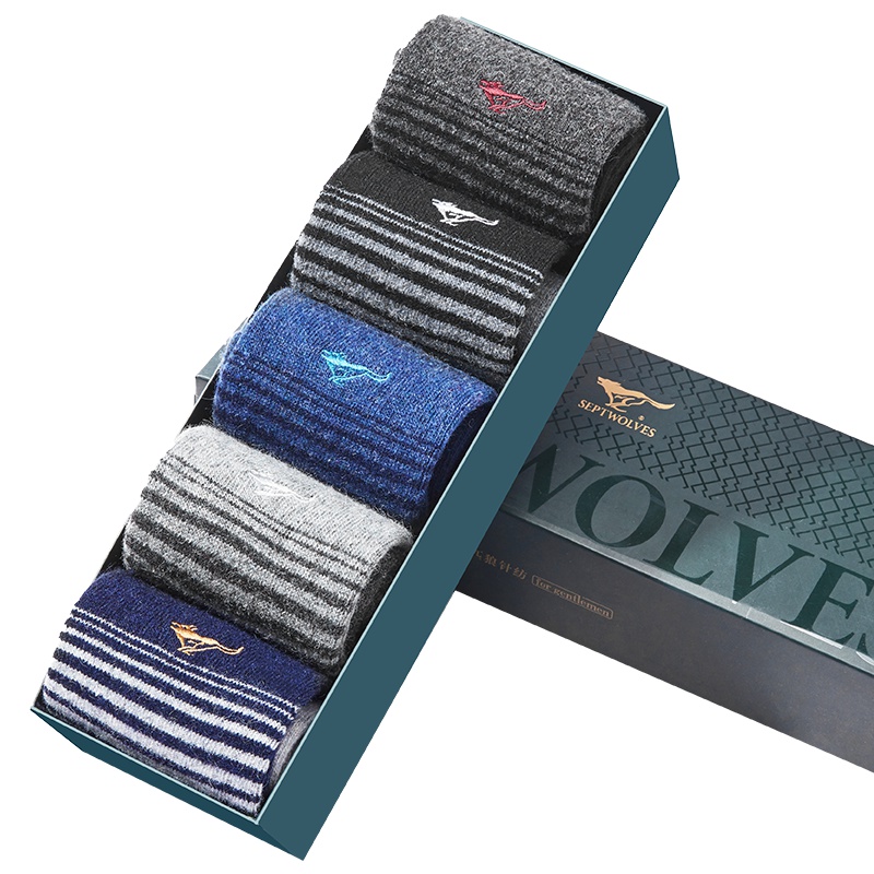 七匹狼 5双装秋冬舒适保暖休闲中筒羊毛袜男士袜子