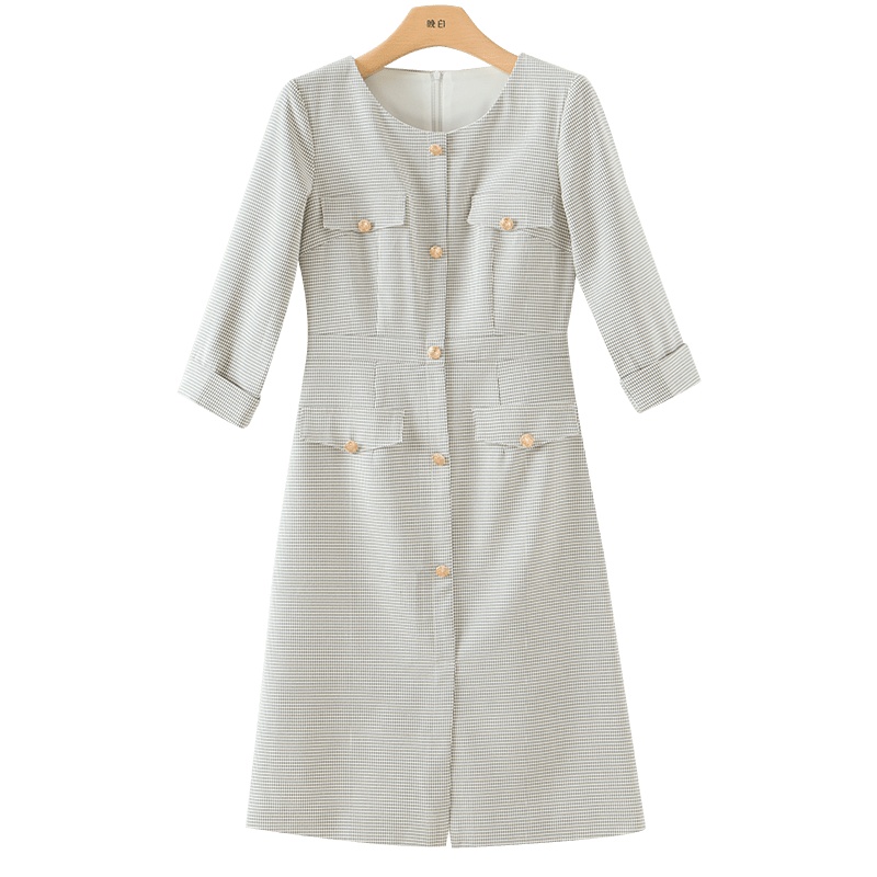 晚白2021春季新品英伦格子修身显瘦圆领时尚包臀裙简约连衣裙女