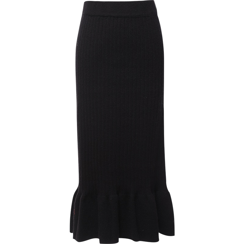 欧昵雪秋冬高腰修身过膝针织半身裙女中长款荷叶边鱼尾裙