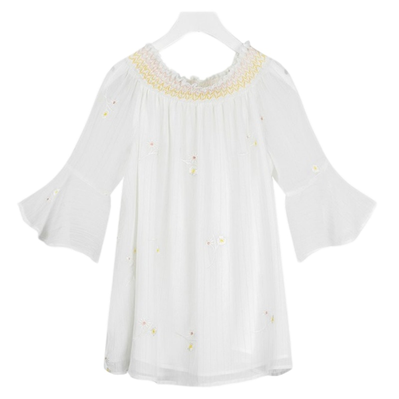 拉夏贝尔夏季女一字肩雪纺衫女宽松荷叶袖刺绣蕾丝衬衫 白色 S