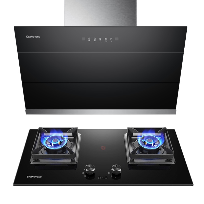 长虹K02+c06天然气抽油烟机燃气灶套餐家用厨房大吸力套装侧吸式自动清洗玻璃面板吸油烟机