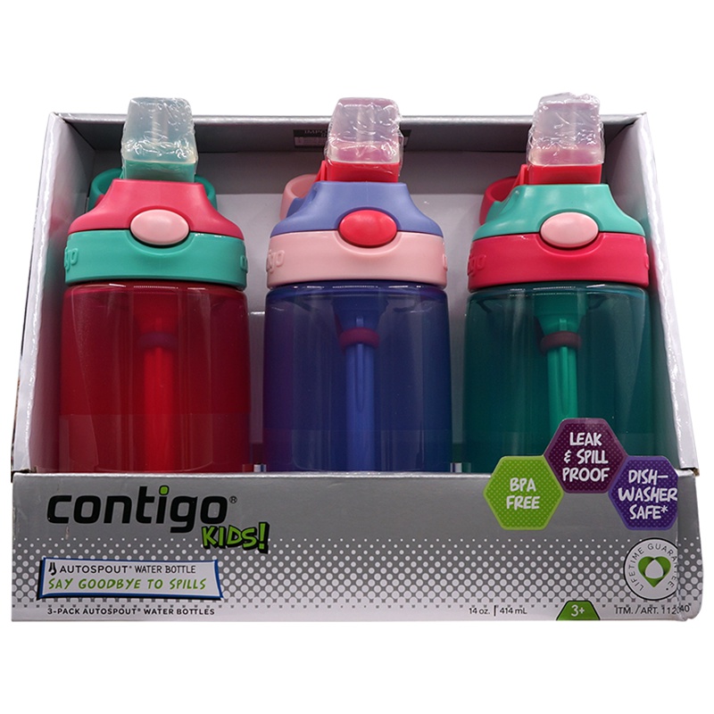 让宝宝爱上喝水-经典款美国康迪克contigo儿童吸管防漏水杯414ml 3岁以上女童版PP材质 学生水壶 3个组合装