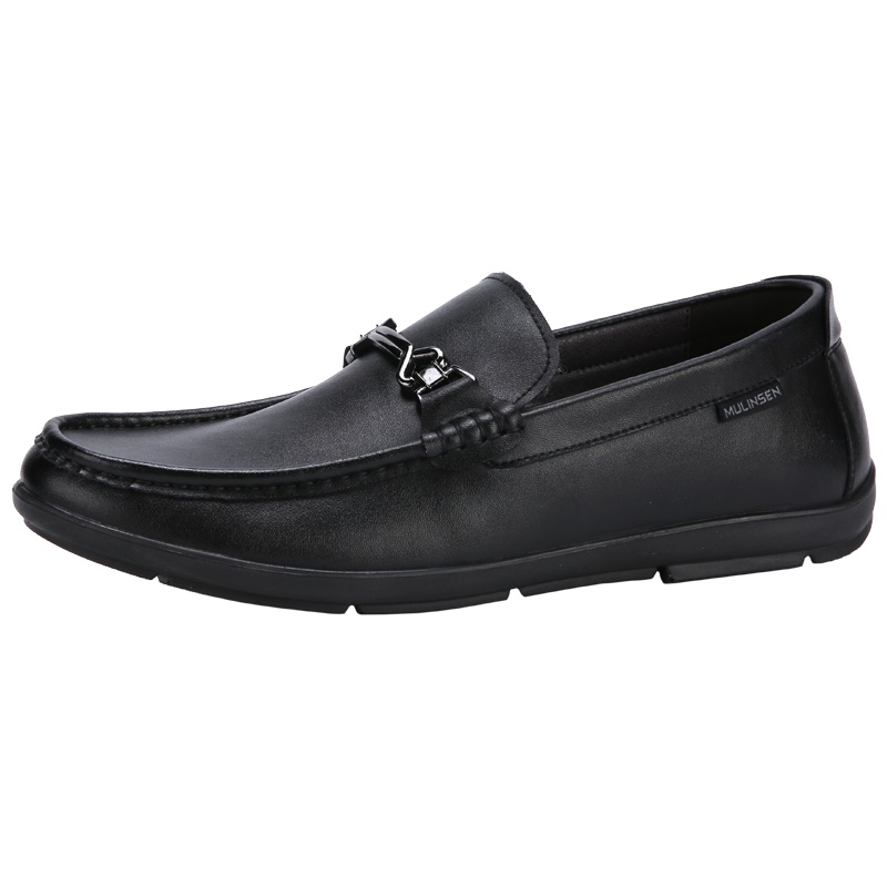 木林森男鞋休闲皮鞋男软底软面皮一脚蹬透气鞋子男百搭黑色