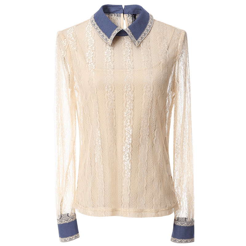 欧昵雪秋装Polo领撞色长袖套头镂空蕾丝衫女洋气小衫上衣