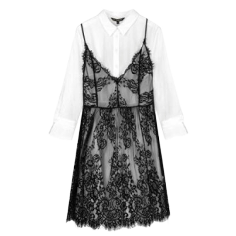 拉夏贝尔连衣裙子秋装女时髦套装裙心机蕾丝中长款两件套1T000340