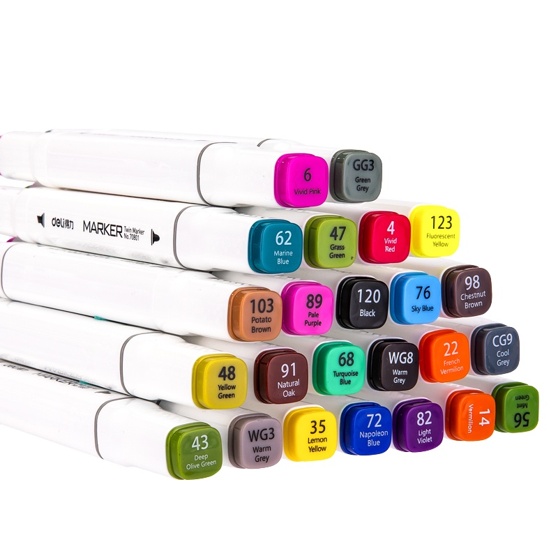 得力马克笔24色高档亮色双头勾线笔彩绘设计小学生绘画儿童手绘细头宽头记号笔美术油性画笔套装70801-24