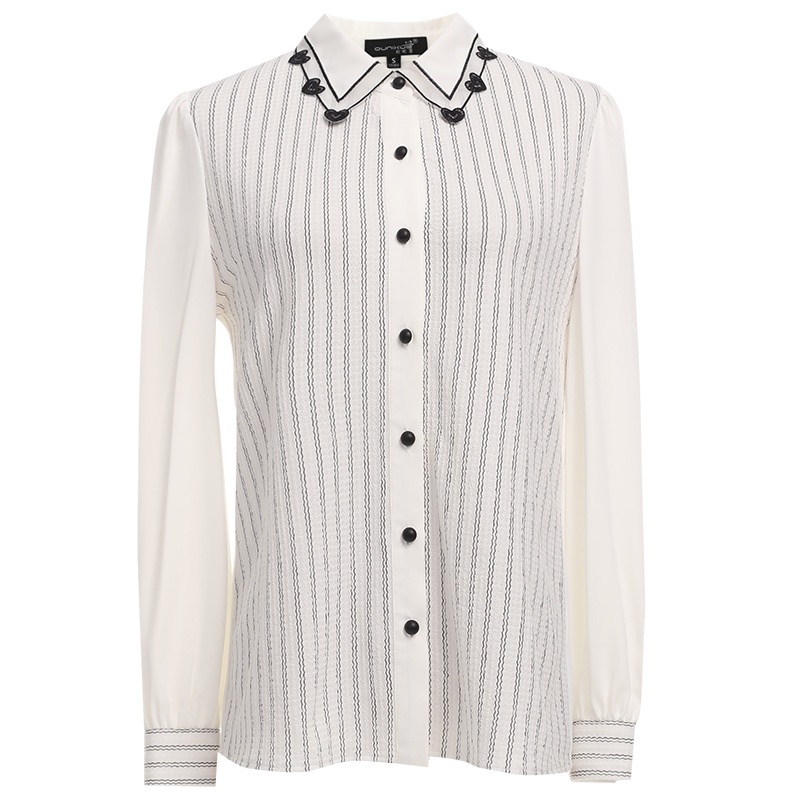 欧昵雪绣花翻领显瘦长袖条纹衬衫上衣女设计感衬衣