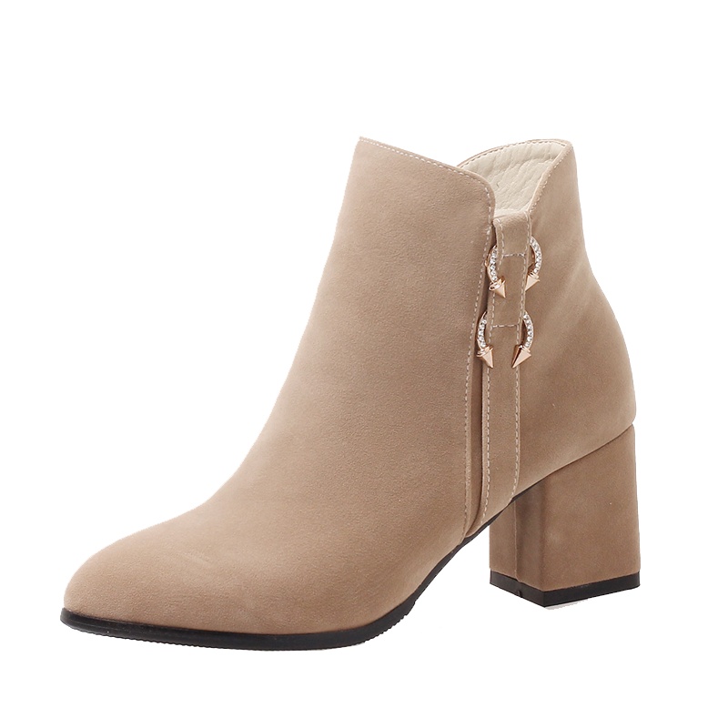 金狒狒新款尖头时尚女靴粗跟百搭短靴保暖女鞋磨砂大小码鞋子