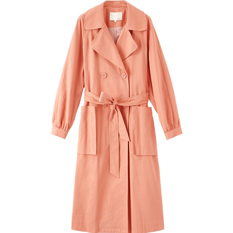 茵曼2019秋季新款质感极简风双排扣粉色风衣长款女外套过膝收腰