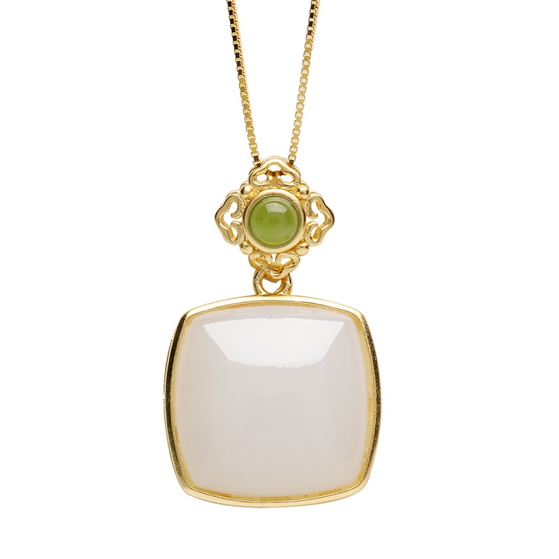 印象眸 S925古法银工艺镶和田玉白玉圆满吊坠耳钉套装锁骨链 附送证书