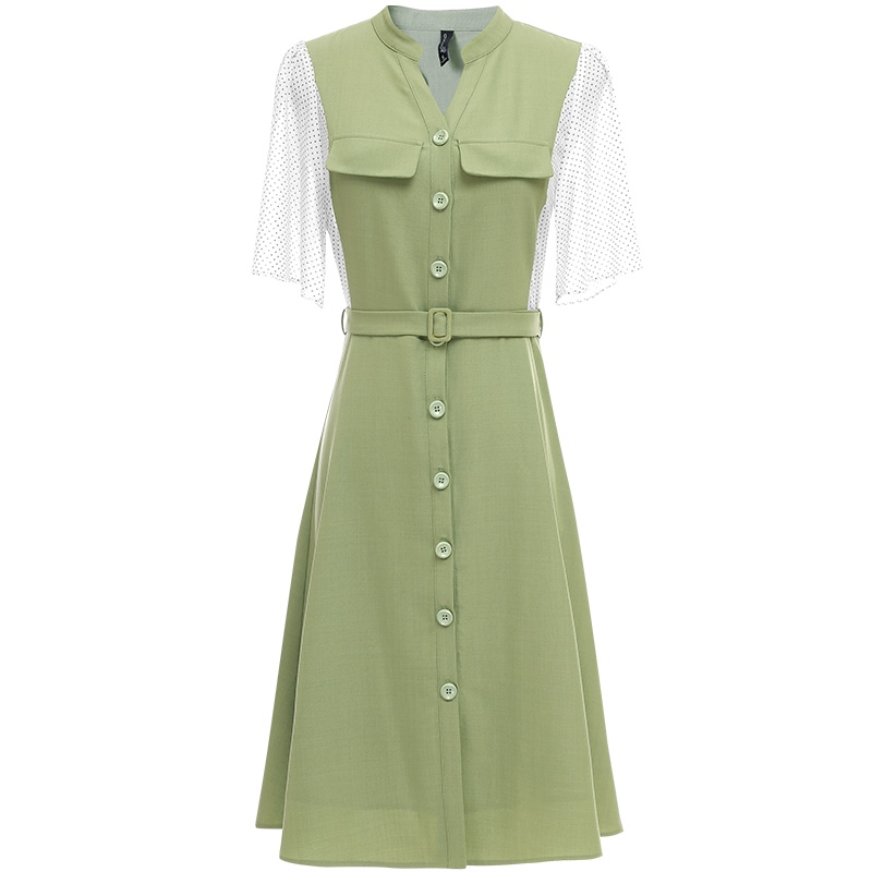 欧昵雪夏季半开领拼接荷叶边雪纺袖收腰连衣裙女显瘦裙