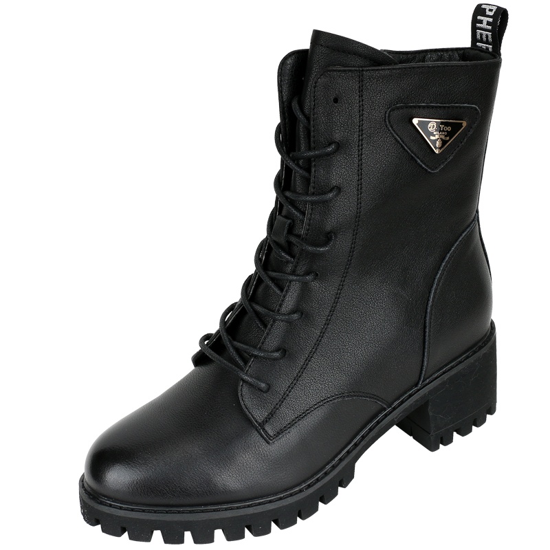 2020秋冬牛皮圆头中筒靴子女新款百搭厚底高帮鞋复古马丁靴侧拉链