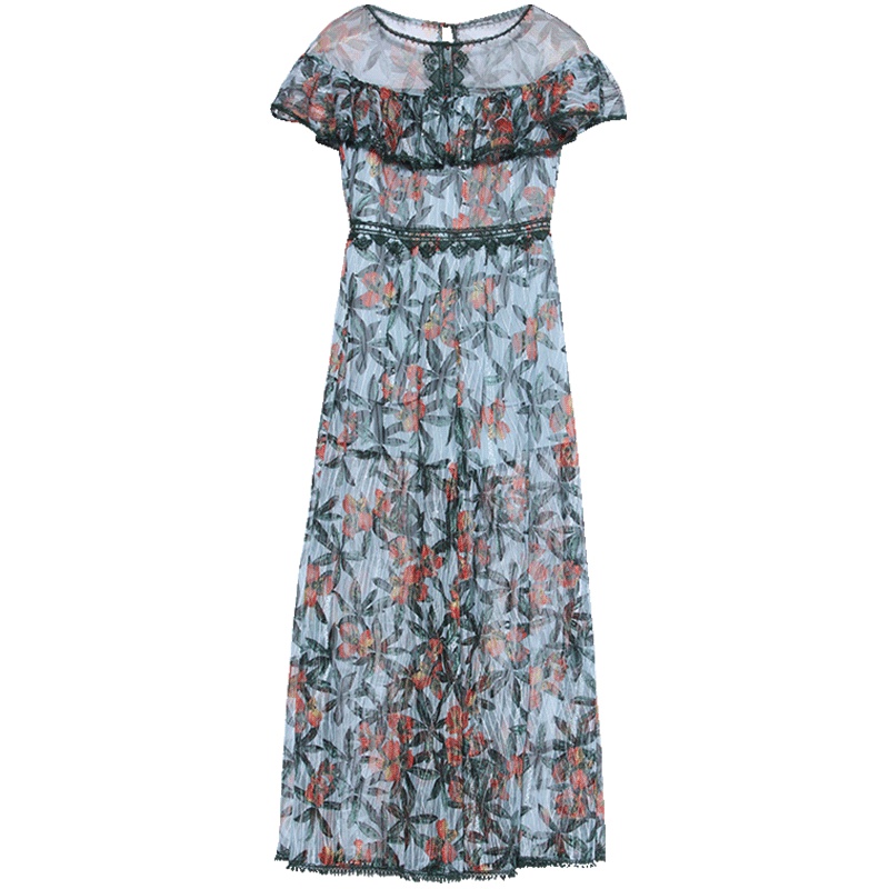 马克华菲女装2019夏季新款一字肩荷叶边蕾丝连裤连衣裙