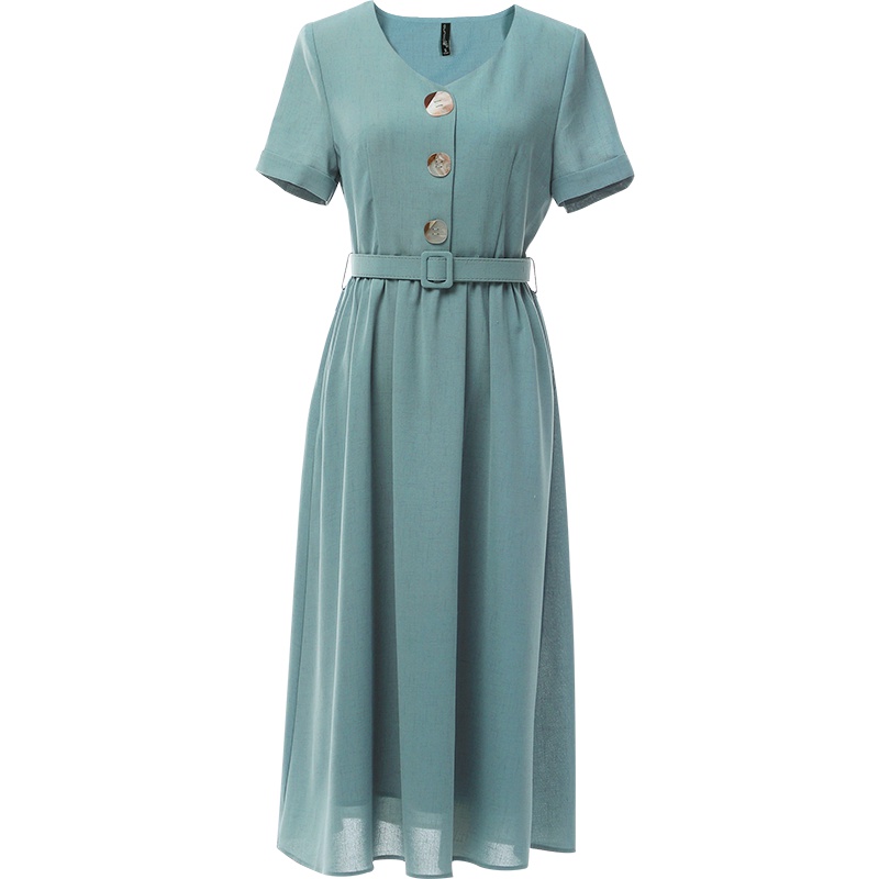 欧昵雪夏季淑女气质V领系带高腰显瘦连衣裙女短袖A字裙