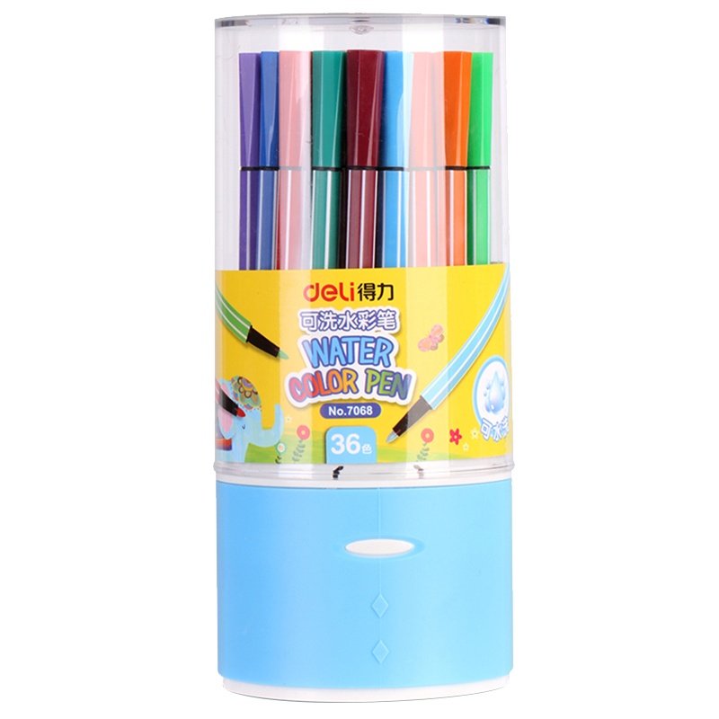 得力水彩笔36色套装可水洗大容量画笔无毒三角杆圆管六角笔杆小学生儿童初学者勾线笔幼儿园7068LAN