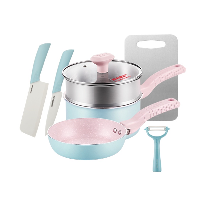 炊大皇辅食锅大套装不粘奶锅煎锅304不锈钢菜板陶瓷刀组合婴儿热奶煮面锅TZ06FS