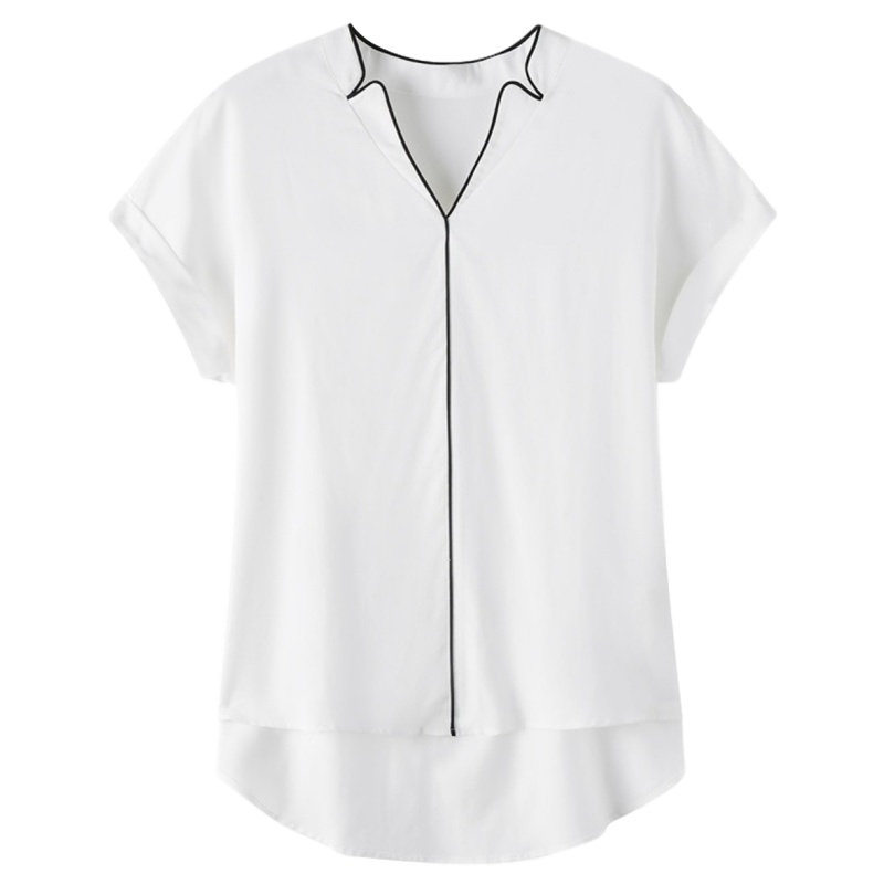拉夏贝尔宽松洋气衬衣女新款夏季气质v领时尚职业短袖白衬衫