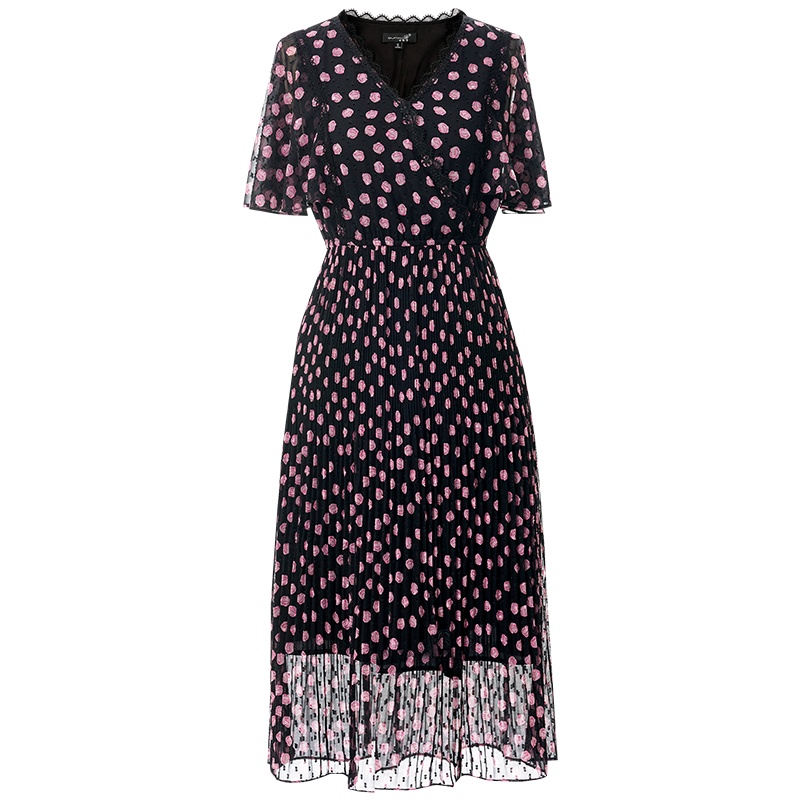 欧昵雪夏装V领松紧收腰印花雪纺连衣裙女荷叶袖过膝a字裙