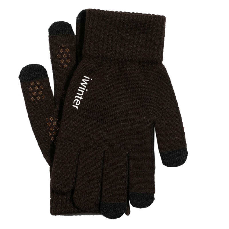 针织触屏手套女士秋冬季户外保暖毛线加绒加厚防滑韩版卡通刺绣标