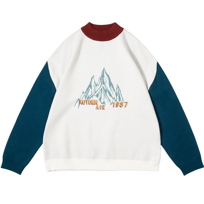 aiken/爱肯2019秋新款撞色宽松套头衫复古针织衫潮流毛衫男情侣装