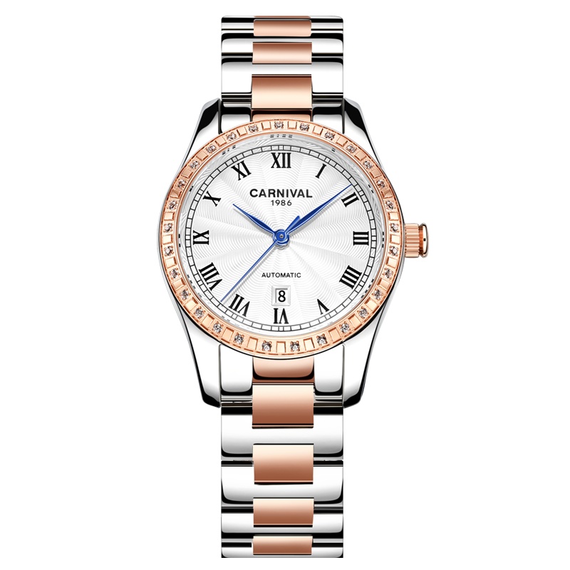 瑞士嘉年华Carnival手表正品女士全自动机械表 女表防水罗马新款镶钻简约时尚日历腕表潮流韩版女表8051