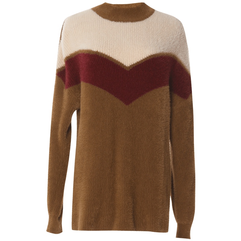 欧昵雪秋冬立领撞色长袖仿水貂毛宽松针织衫女慵懒风毛衣