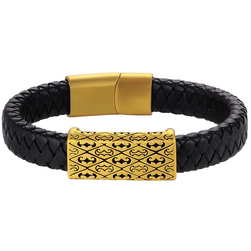 黄金码头 3D硬金足金999复古个性刺青串珠手镯皮绳情侣手链表白求爱首饰礼物