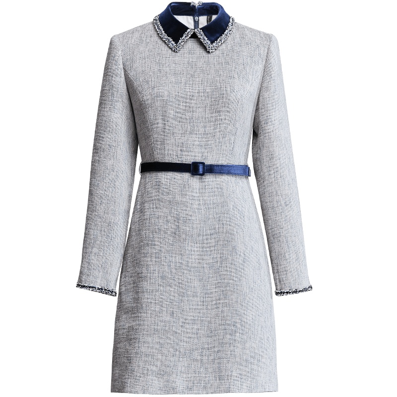 欧昵雪丝绒拼接高腰修身显瘦连衣裙女长袖